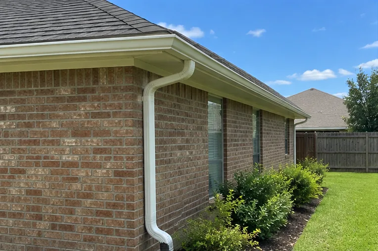 White gutter and downspout on a brick house