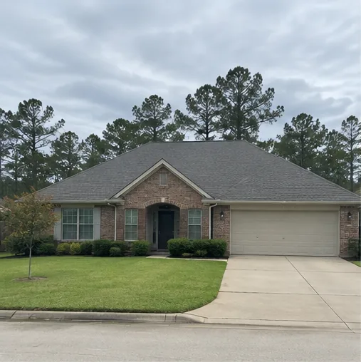 Brick home with a gray shingle roof