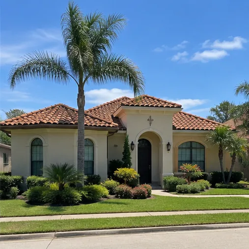 Stucco home with a terracotta Spanish tile roof