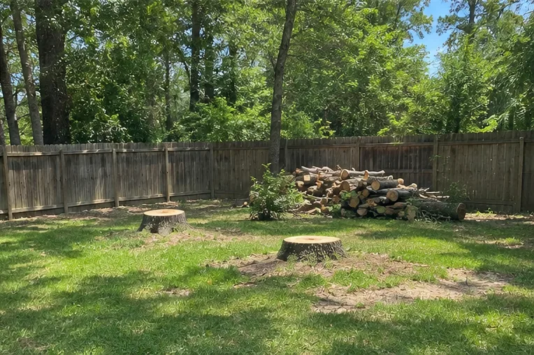 Cleared yard with tree stumps and a stack of cut logs beside a wooden fence
