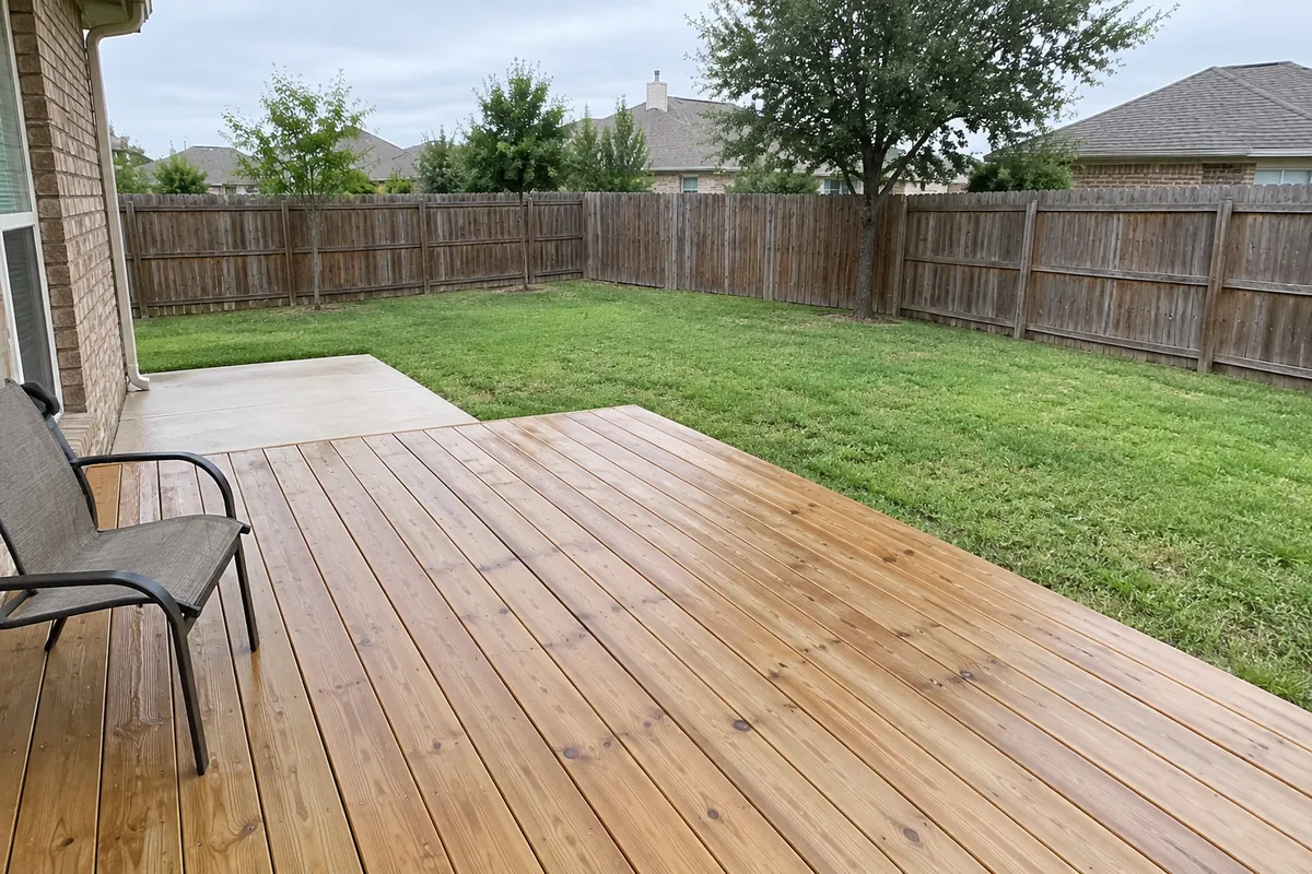 Clean wood deck and concrete patio behind a brick home