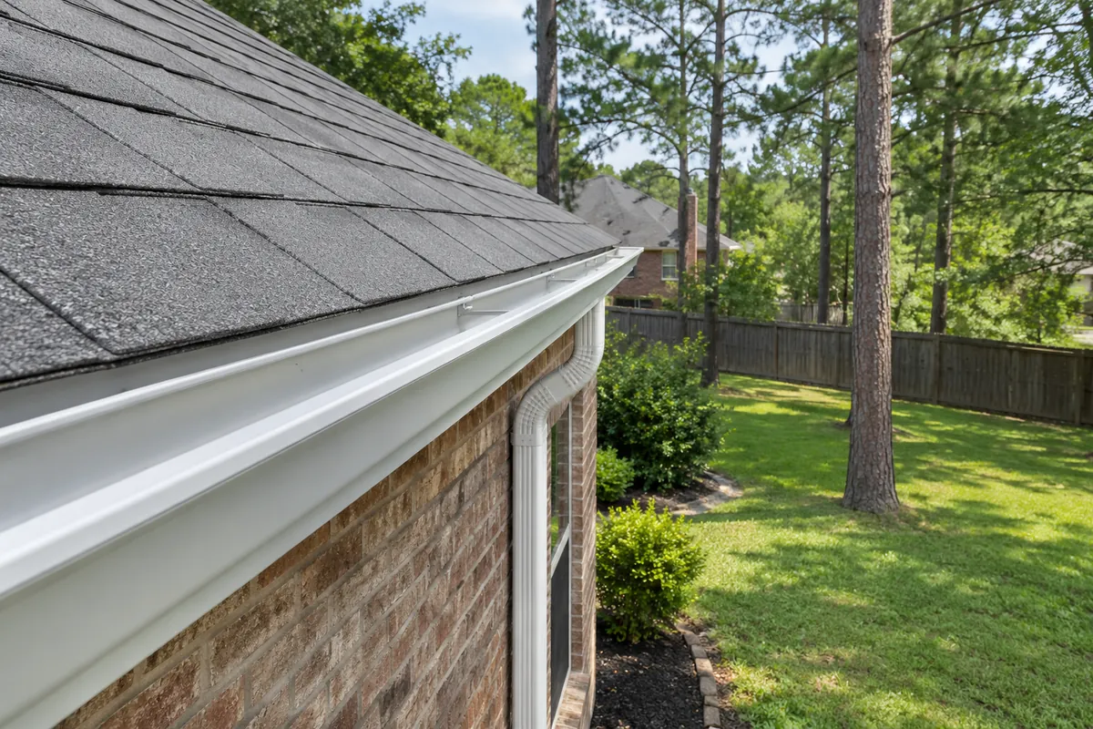 Clean white gutter along a shingle roofline on a brick house